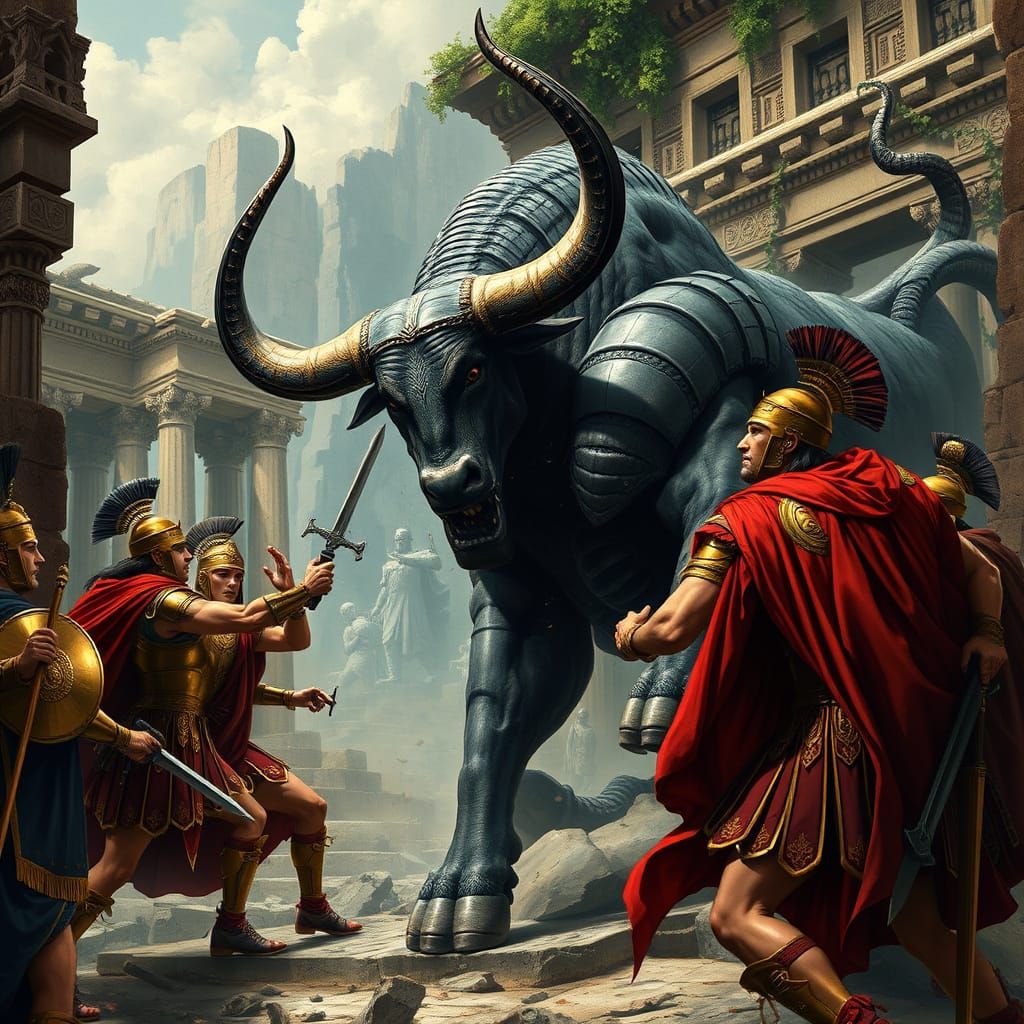 Roman Warriors Battle the Mythical Bull Gorgon in Ancient Ru...