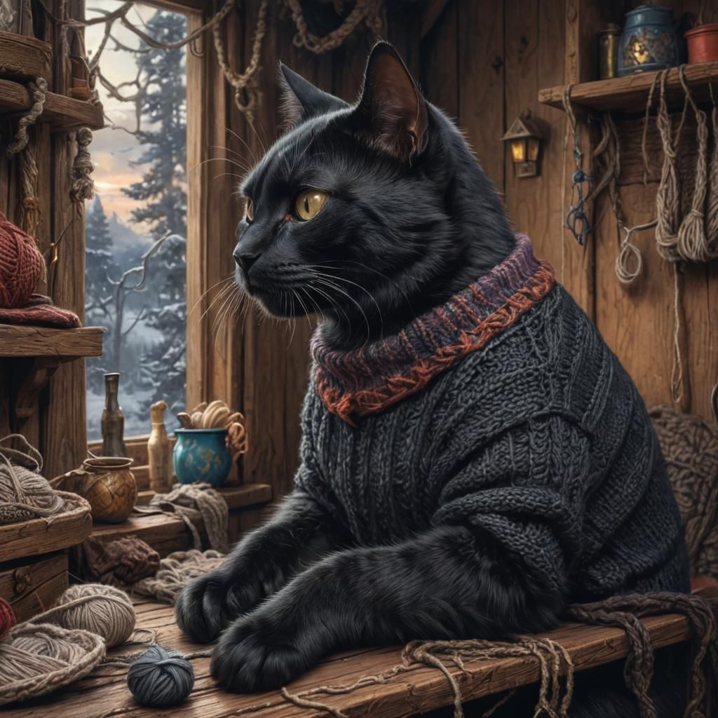 Black Cat Knitting: Intricate Ink Fantasy Illustration