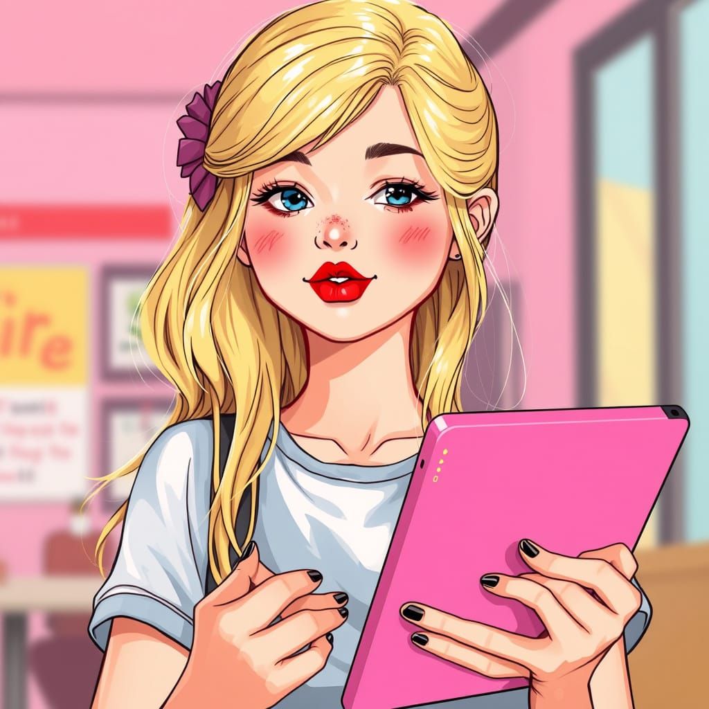 Blonde Girl with Tablet in Alphonse Mucha Style