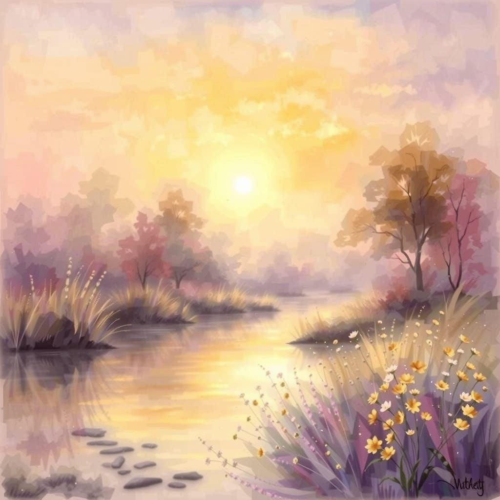 River Meandering Through Vibrant Meadow Under Warm Sunlight