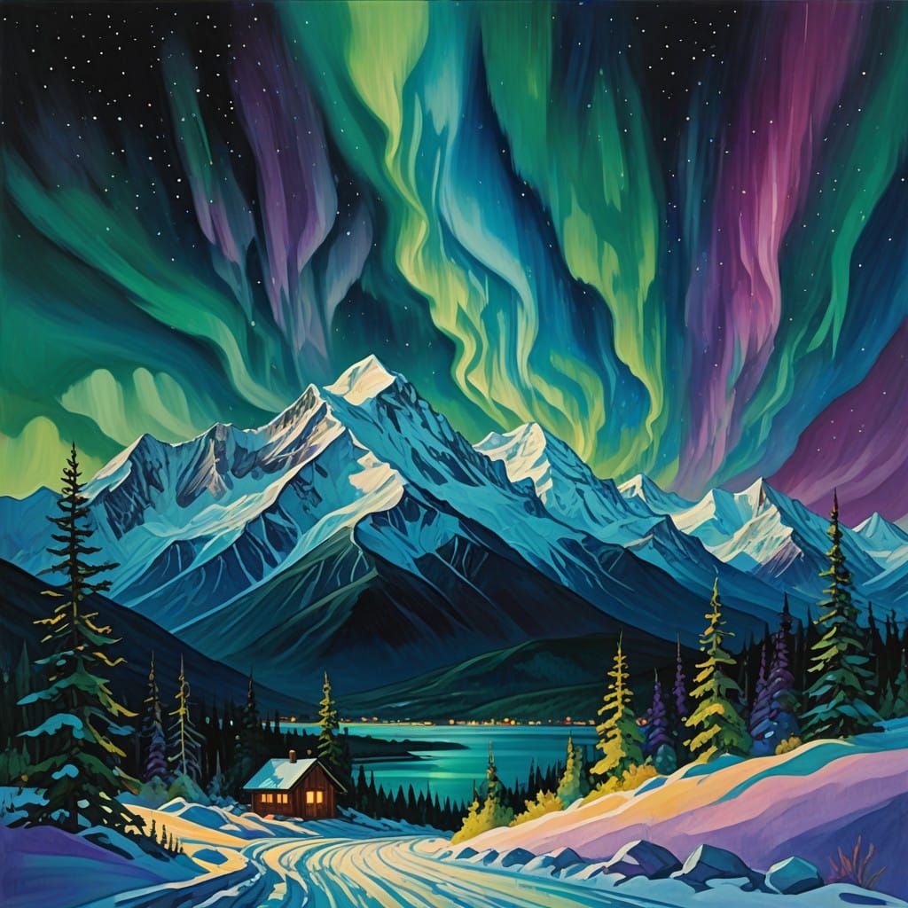 Ethereal Aurora Borealis Unfurls Above Snow-Capped Mt. McKin...