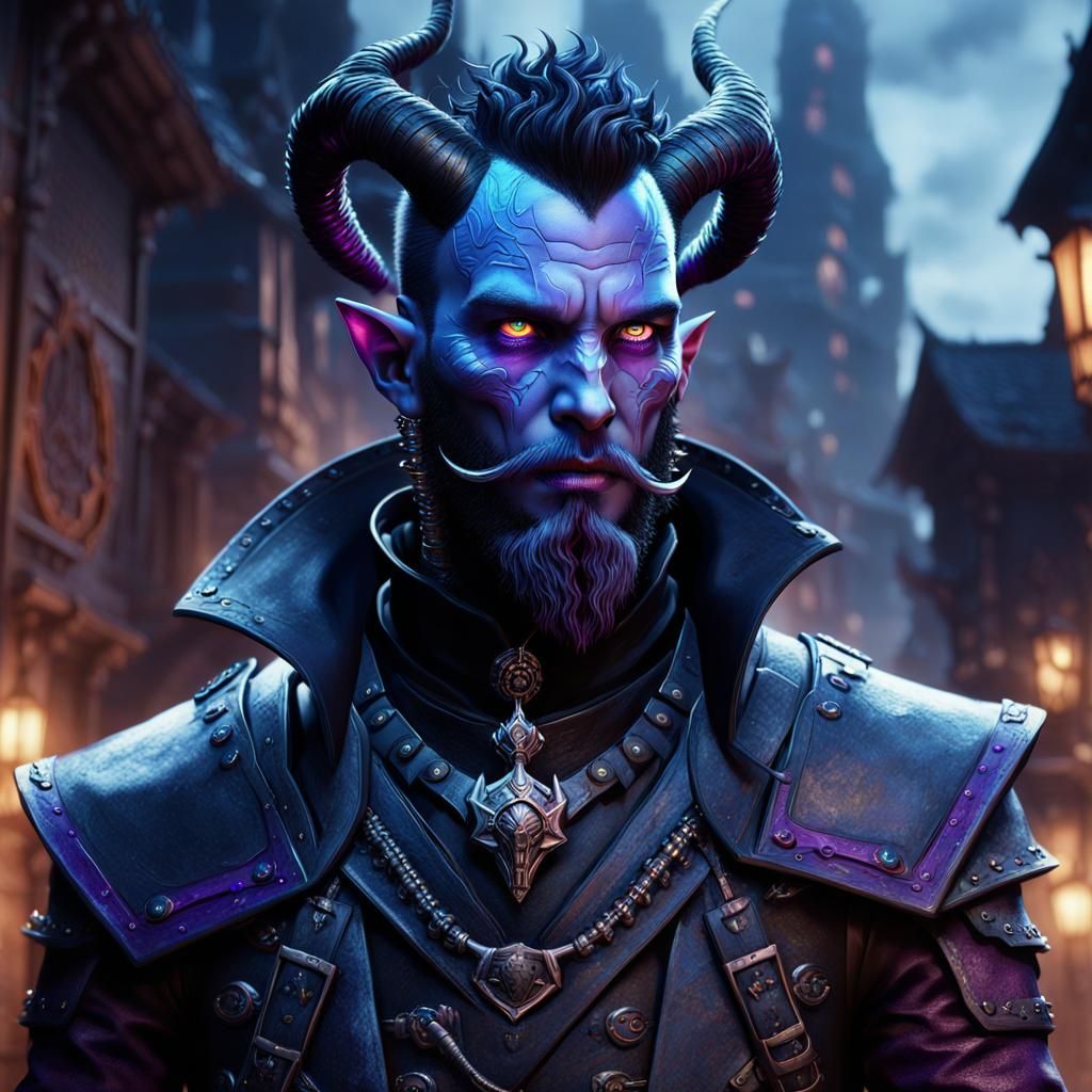 Handsome Baroquepunk Tiefling with Glowing Eyes