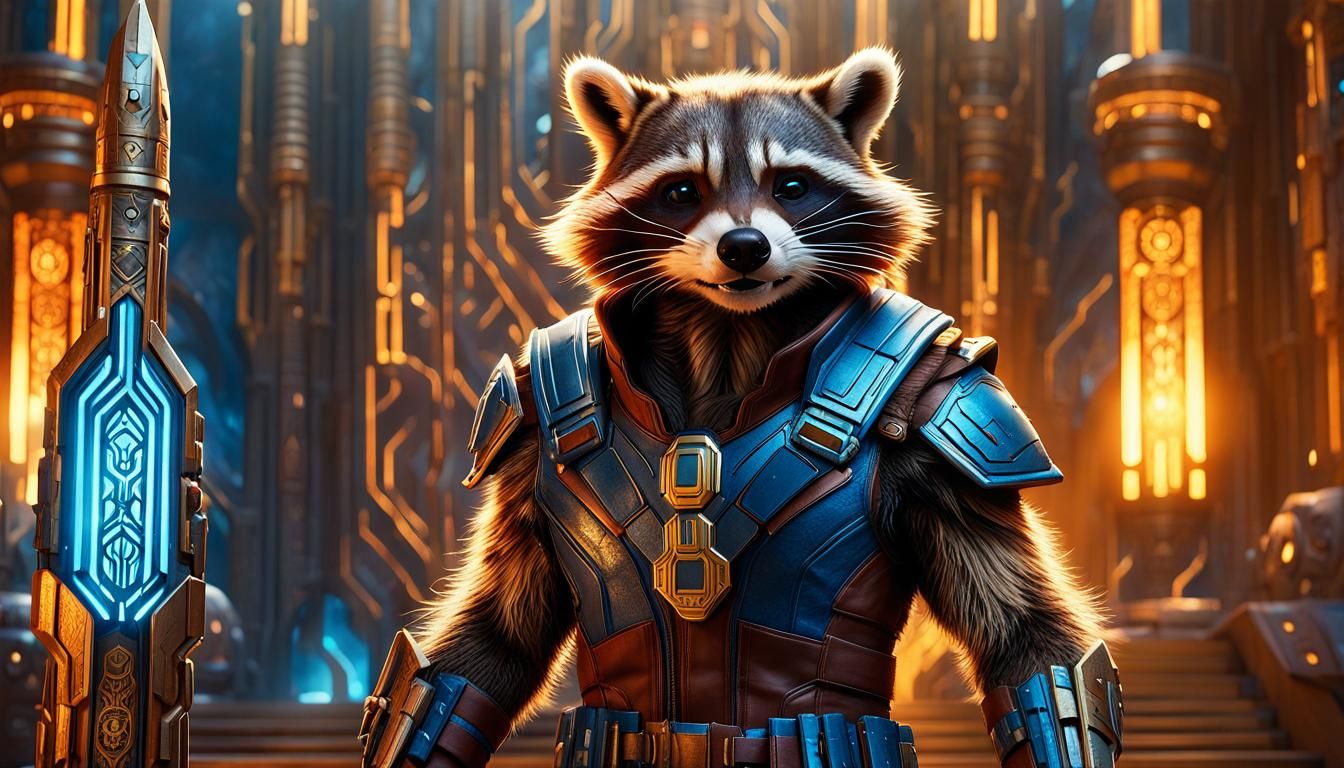 Rocket Raccoon in a Futuristic Temple