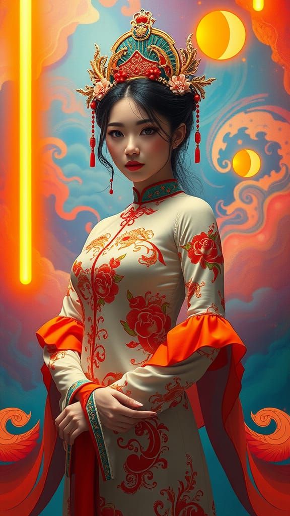 Enchanted Oriental Princess in Vibrant Surrealist Dreamscape
