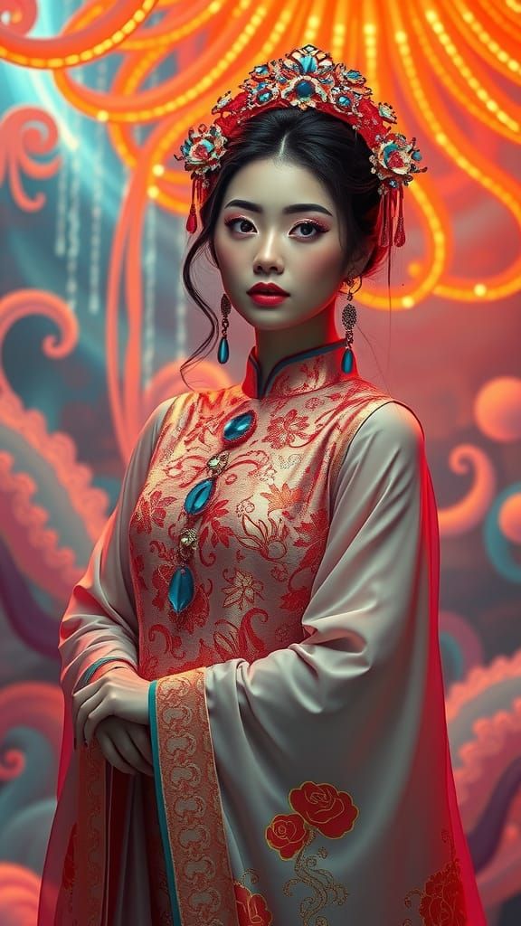 Majestic Oriental Princess in Vibrant Surrealist Dreamscape