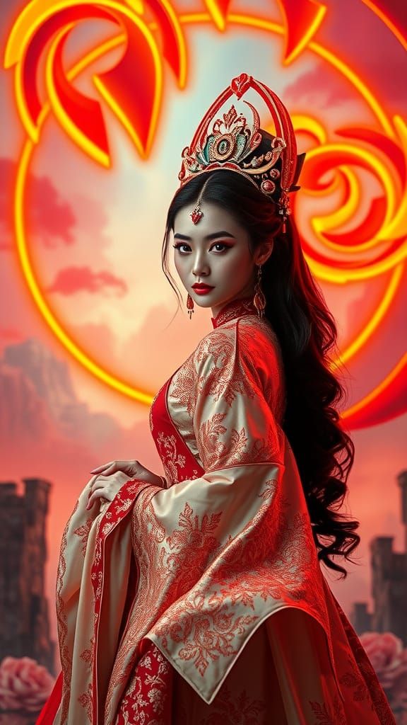 Surrealist Oriental Princess in Vibrant Neon Dreamscape