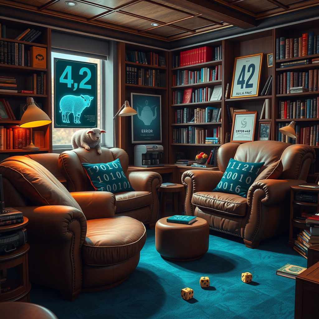 Cozy Sci-Fi Study with Electric Sheep and Binary Carpet