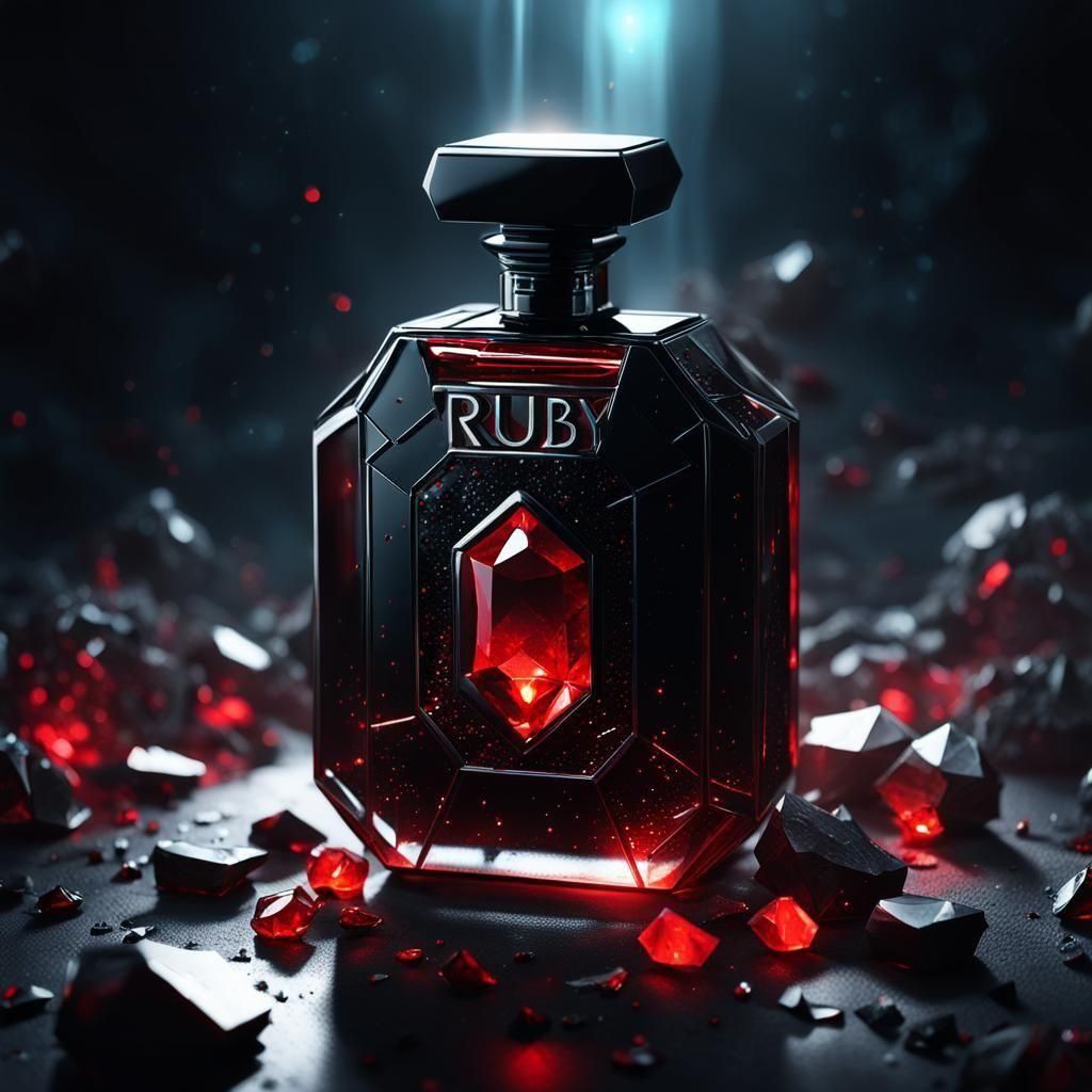 Luxury Black Perfume Bottle with Glowing Red Gemstone
