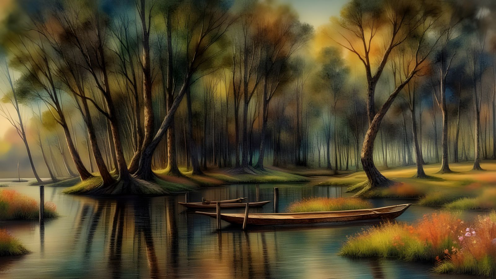 Forest Lake in Watercolor Painting Style