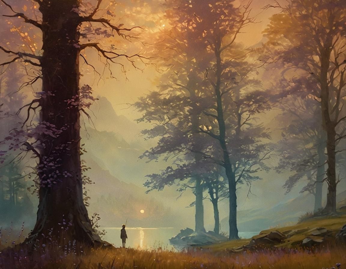 Romantic Landscape Painting in a Warm Golden Light