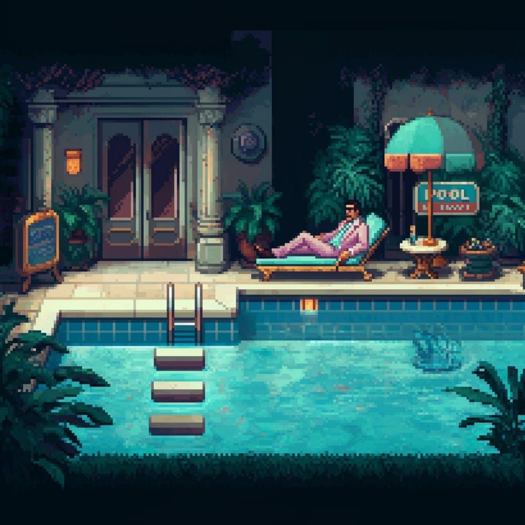 Suave Man by the Pool in 8-bit Style