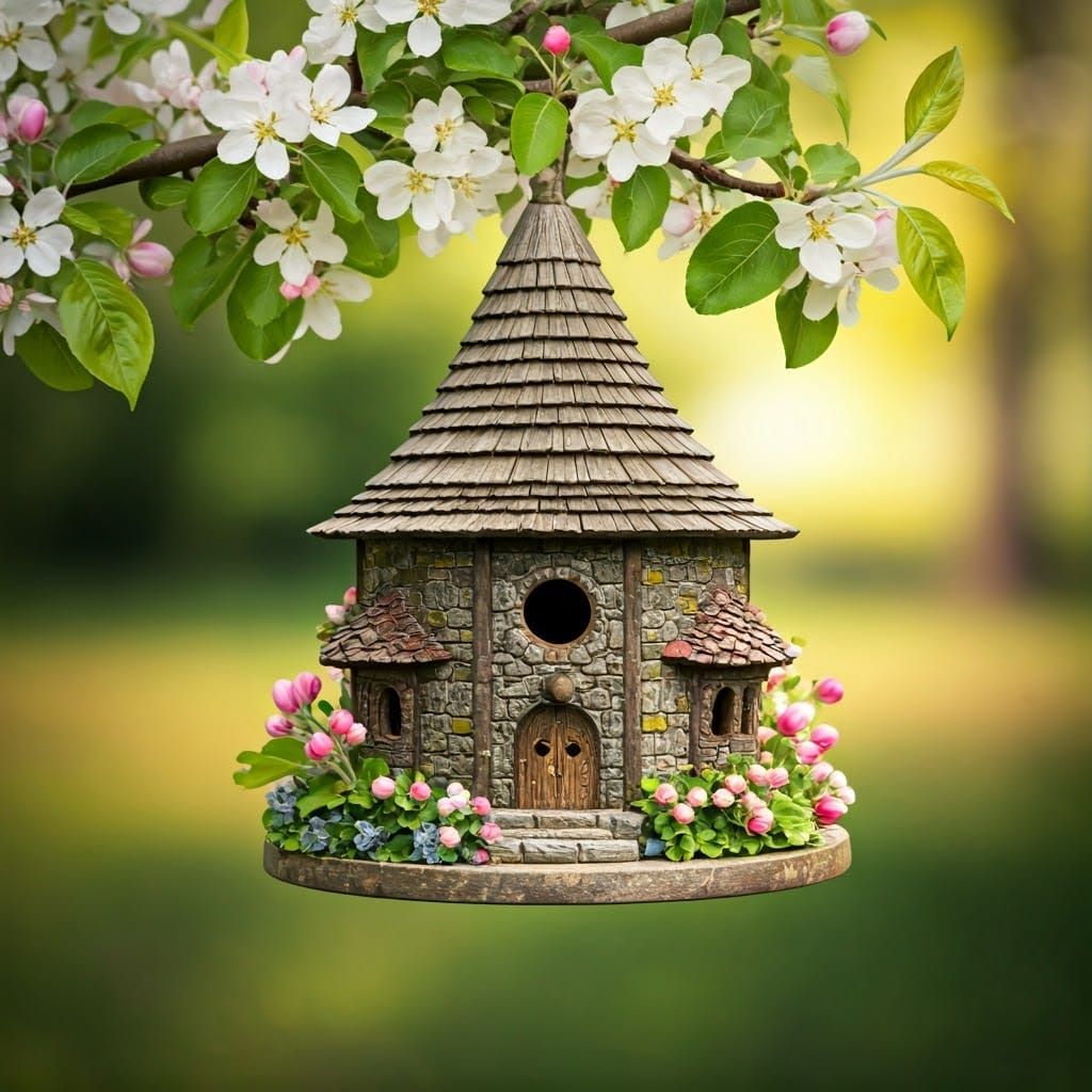 Medieval Castle Birdhouse with Flowers