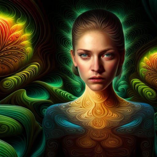 Fractal Portrait of a Woman in a Rainy Garden