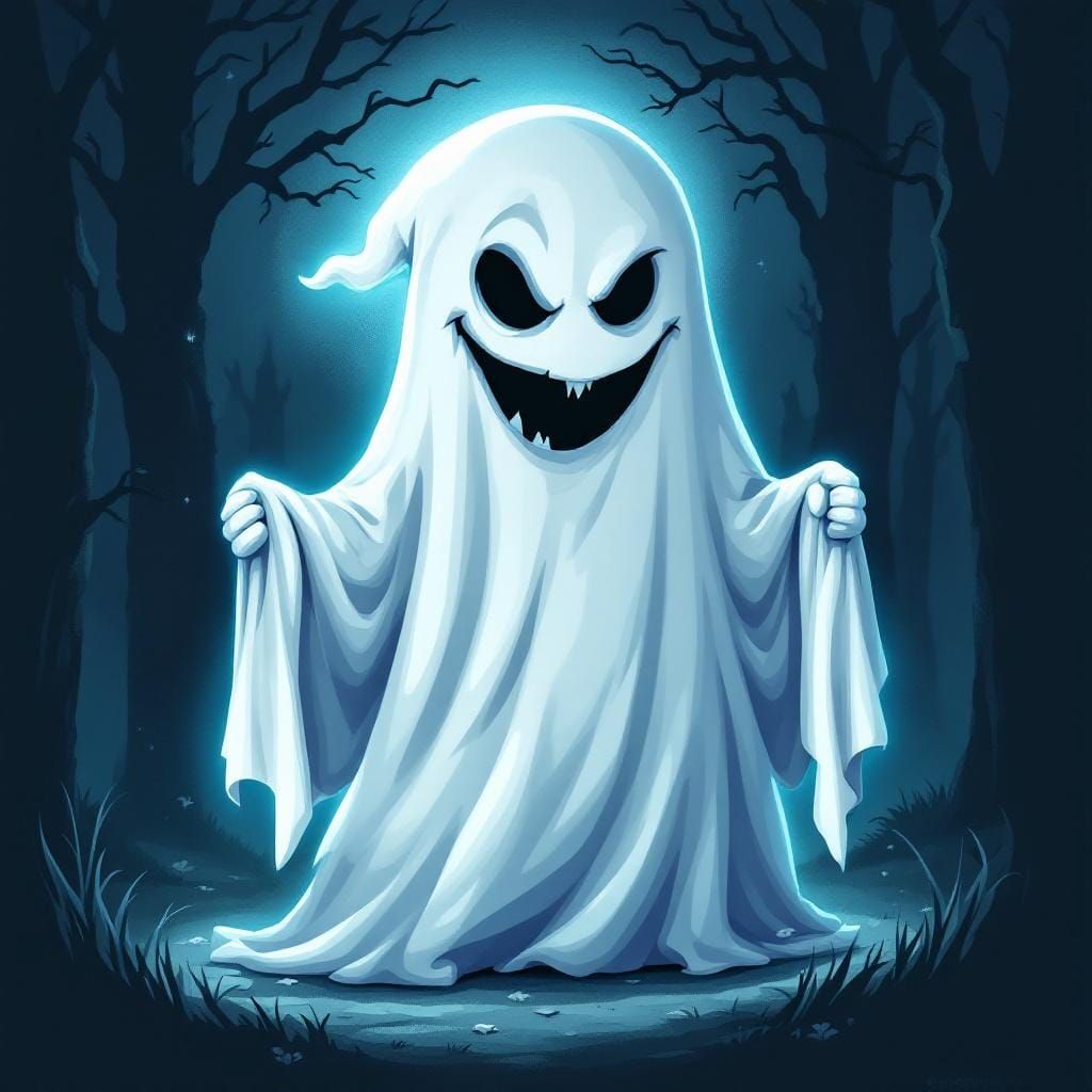 Mischievous Cartoon Ghost in Dark Fantasy Setting