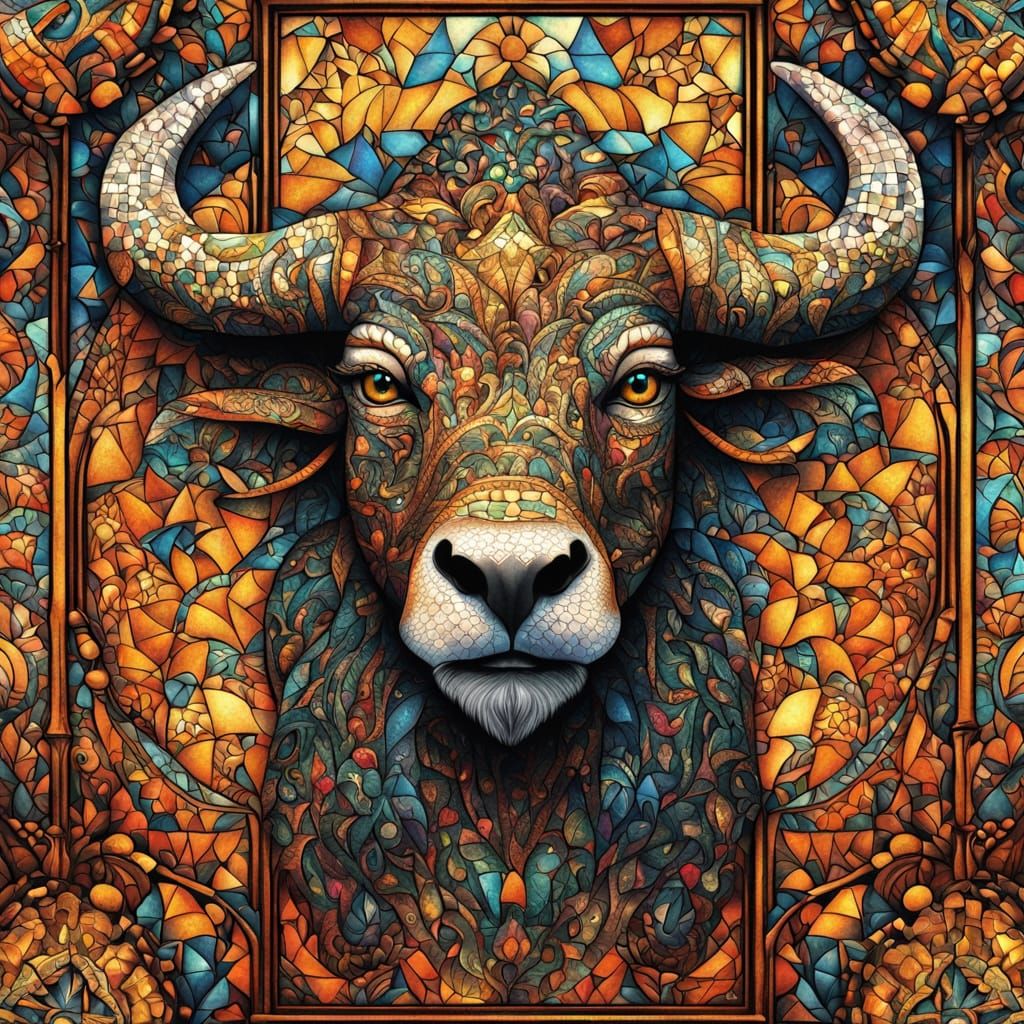 Minotaur, the Greek mythical beast made of mosaic tiles
