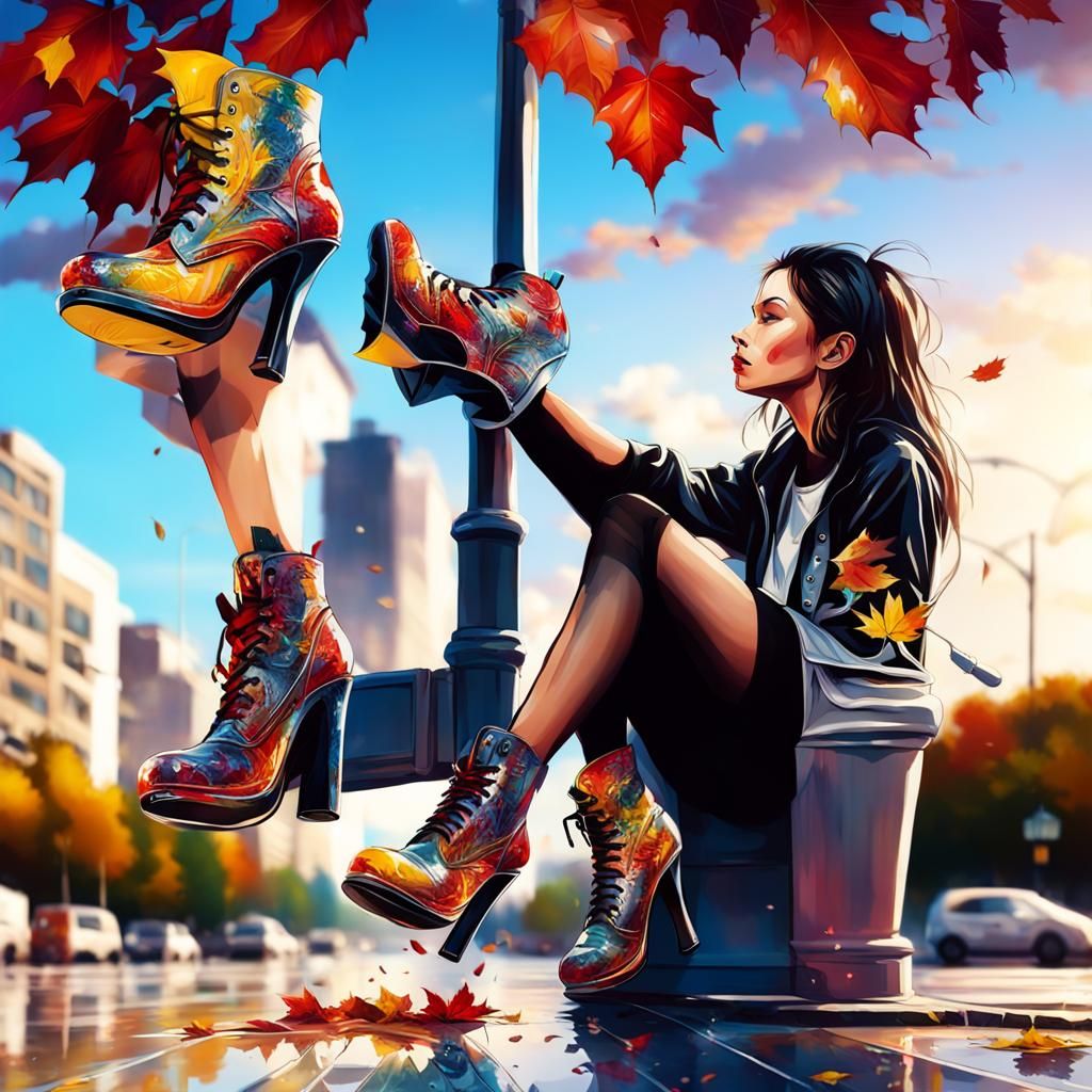 Floral Stiletto Boots on Wet Autumn Street