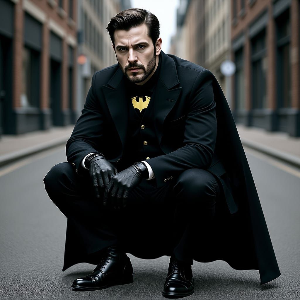 Victorian Batman Crouching in Cityscape