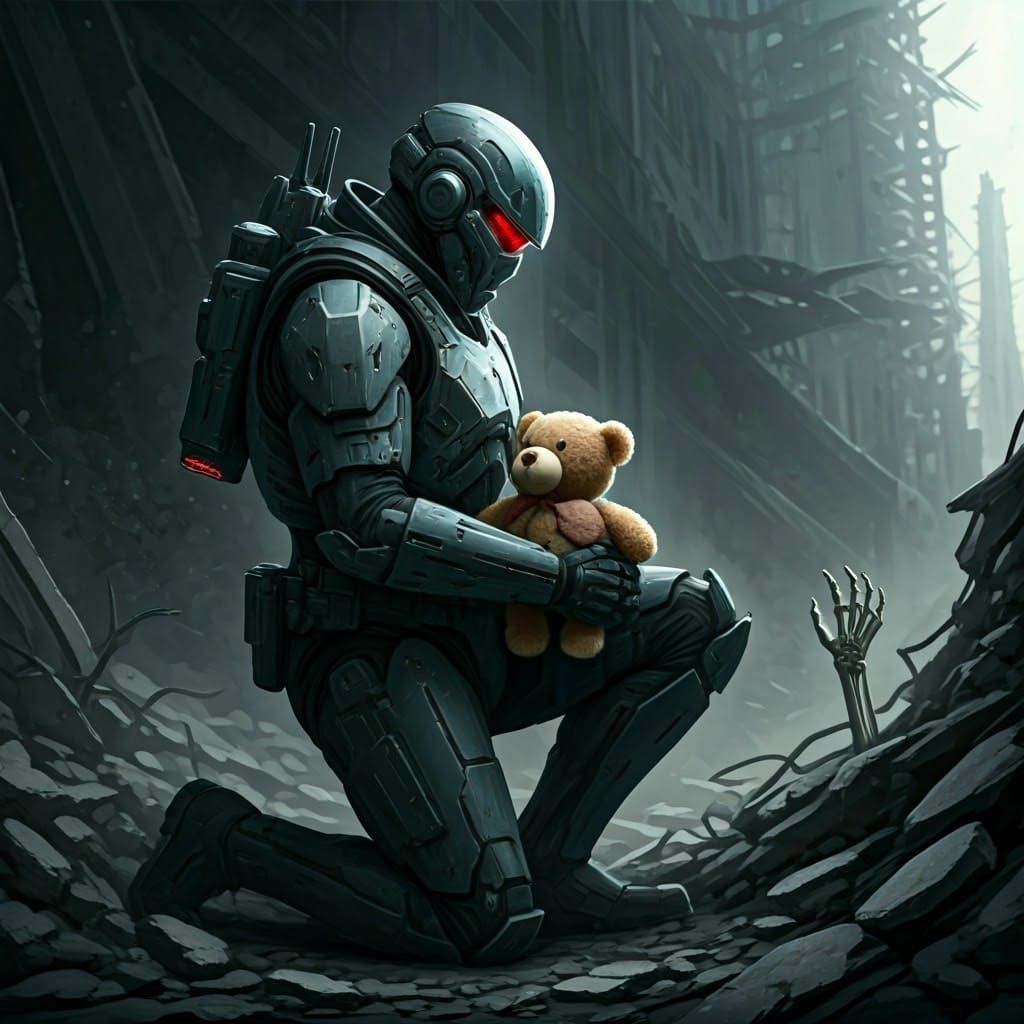 Futuristic Soldier with Teddy Bear in War Zone