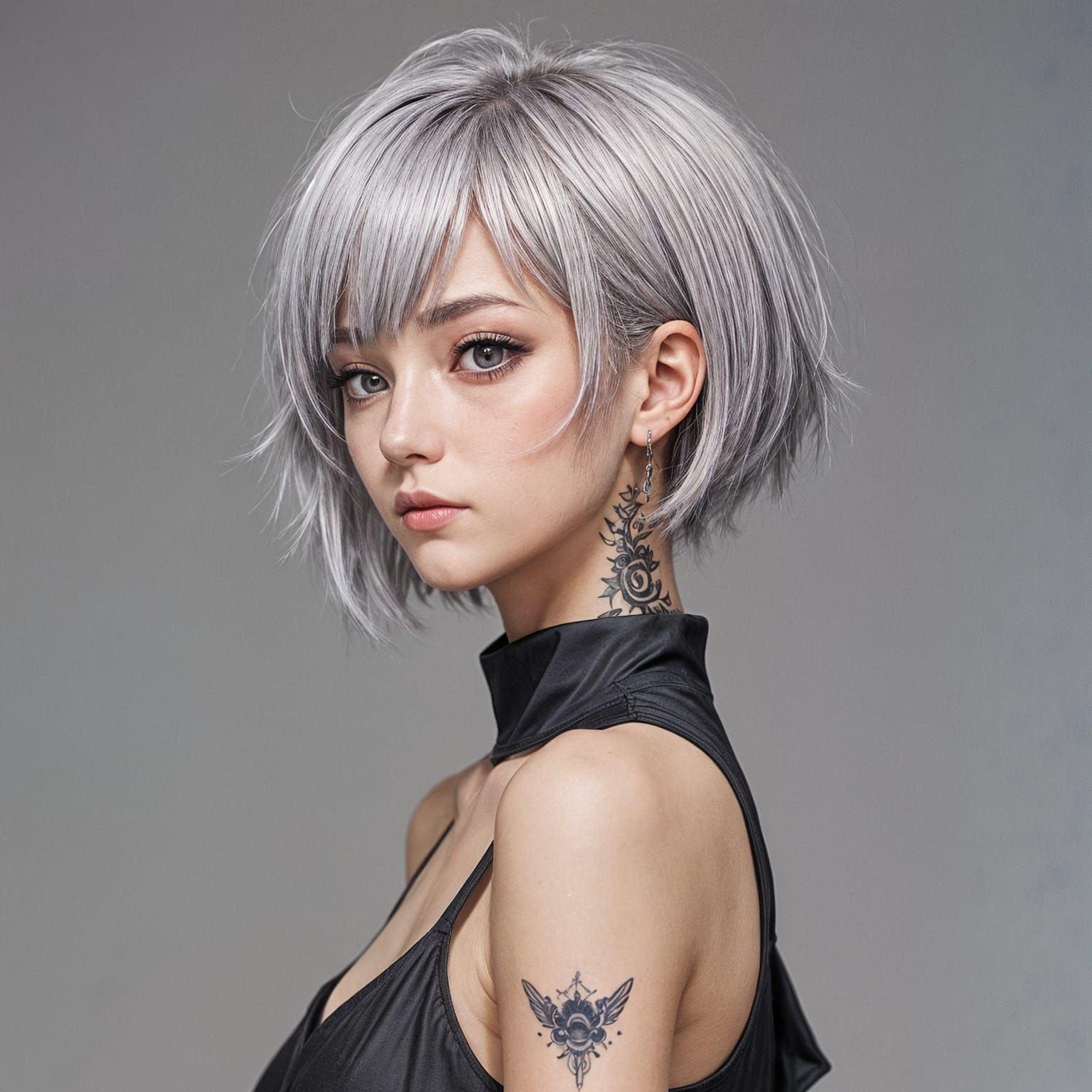 Anime Girl with Silver Hair and Tattoo