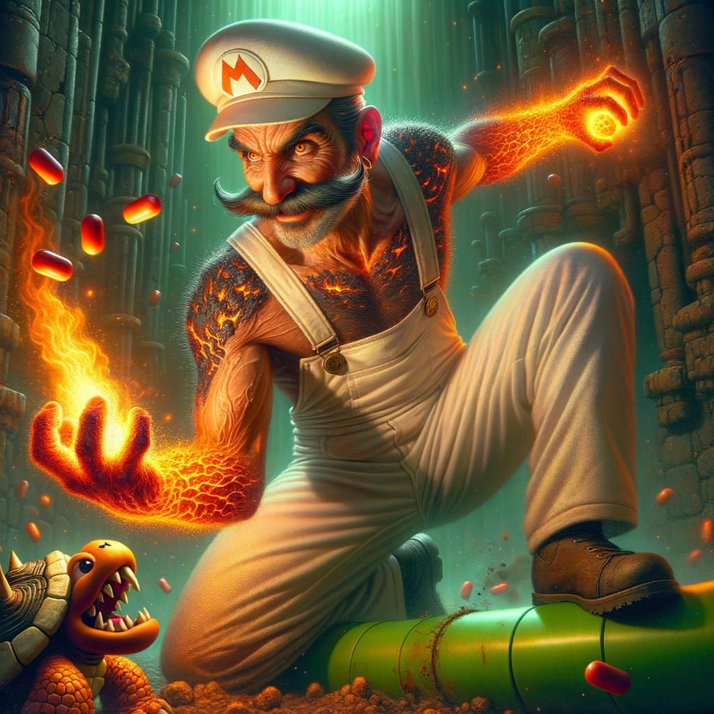 Renaissance-Style Dark Fantasy Mario Hurls Fire