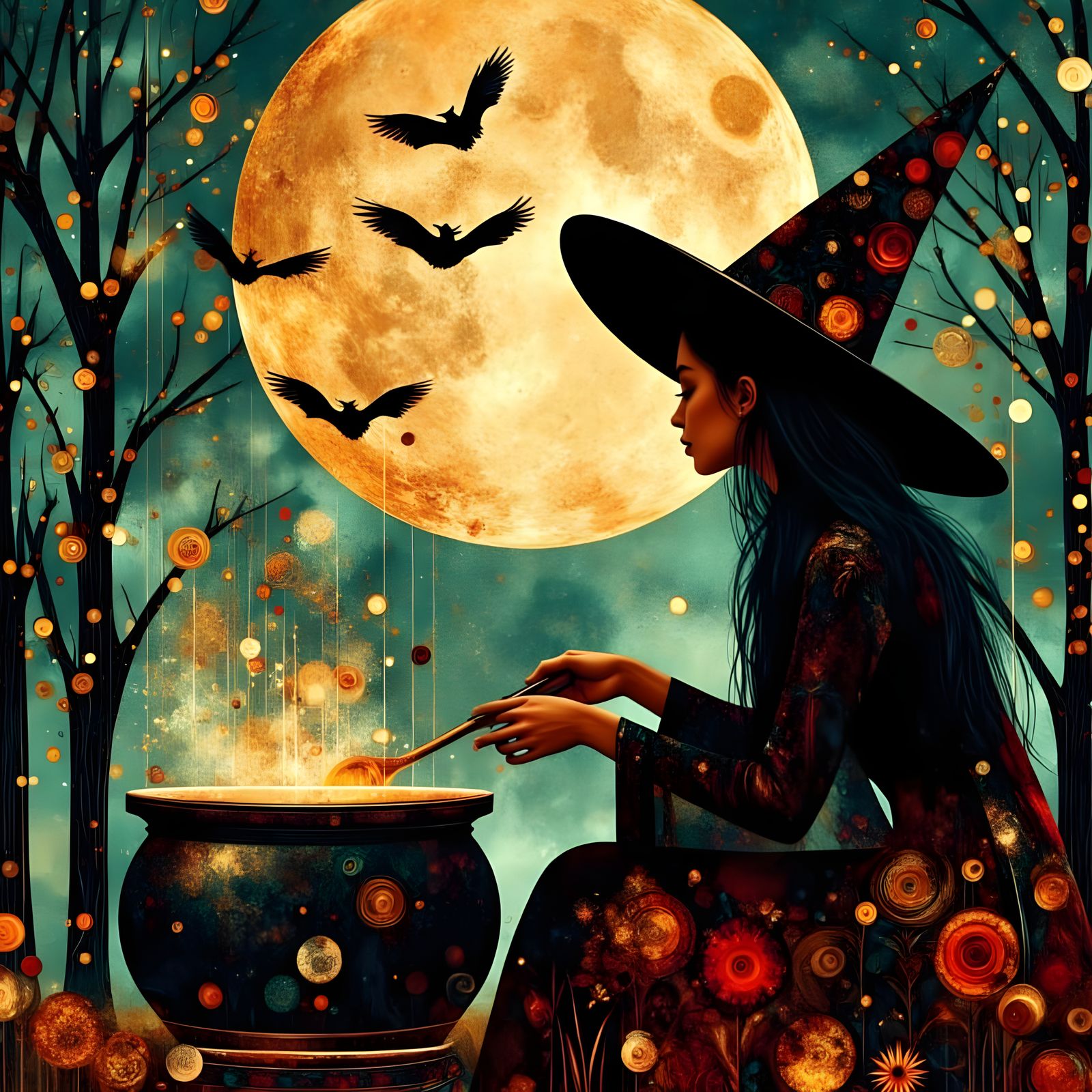 Mystical Witch Stirring Cauldron Under Glowing Moon
