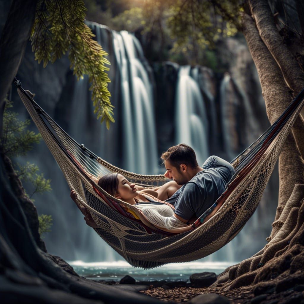 Romantic Couple Asleep in Hammock by Waterfall