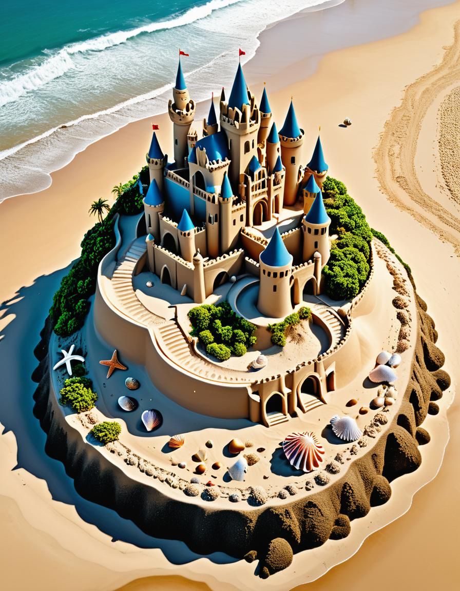 Intricate Sandcastle on a Beach: Digital Art