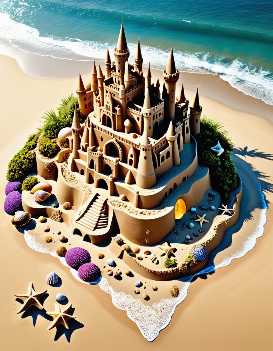 Detailed Sandcastle on Beach, Digital Art