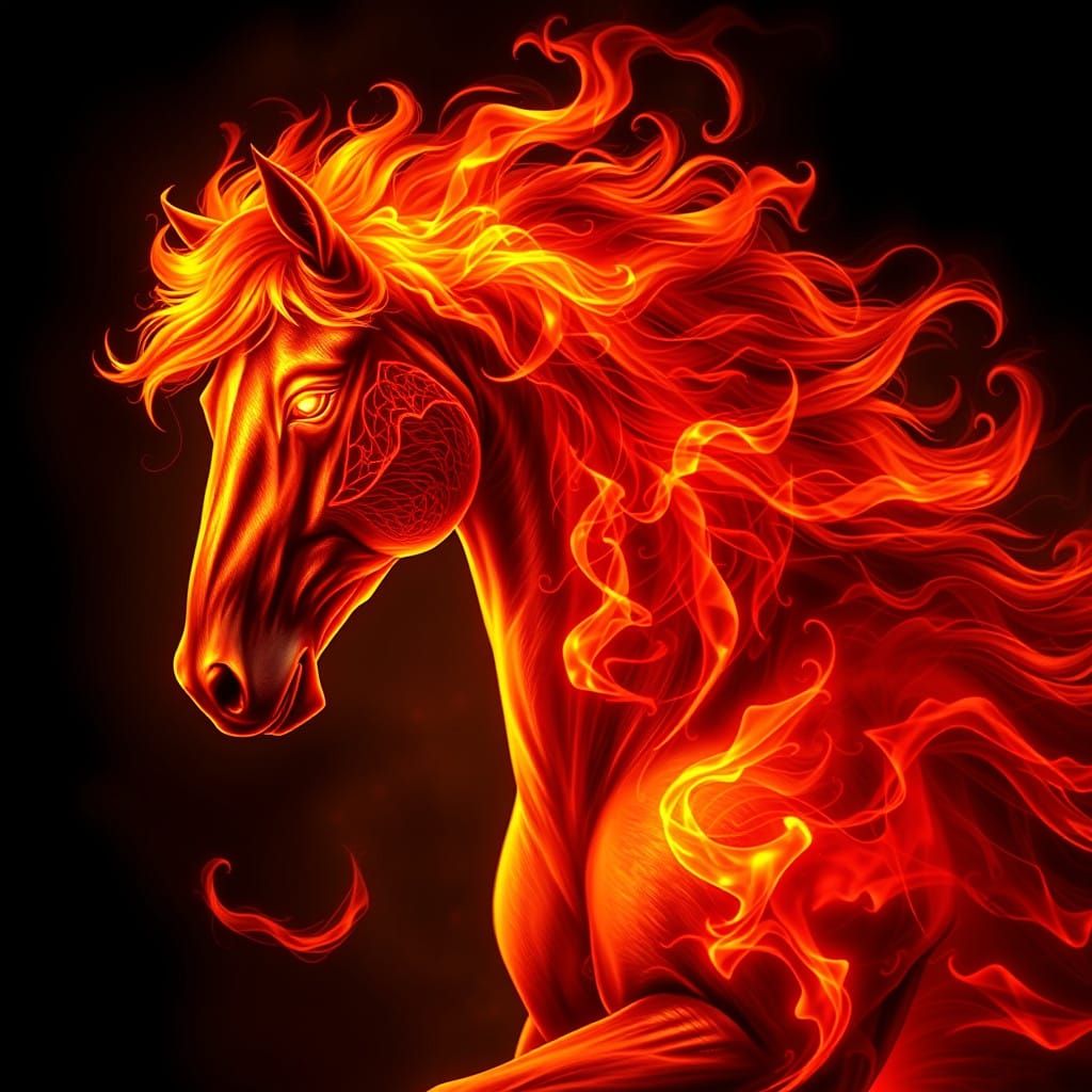 Mystical Horse of Flame in Ancient Forest Setting