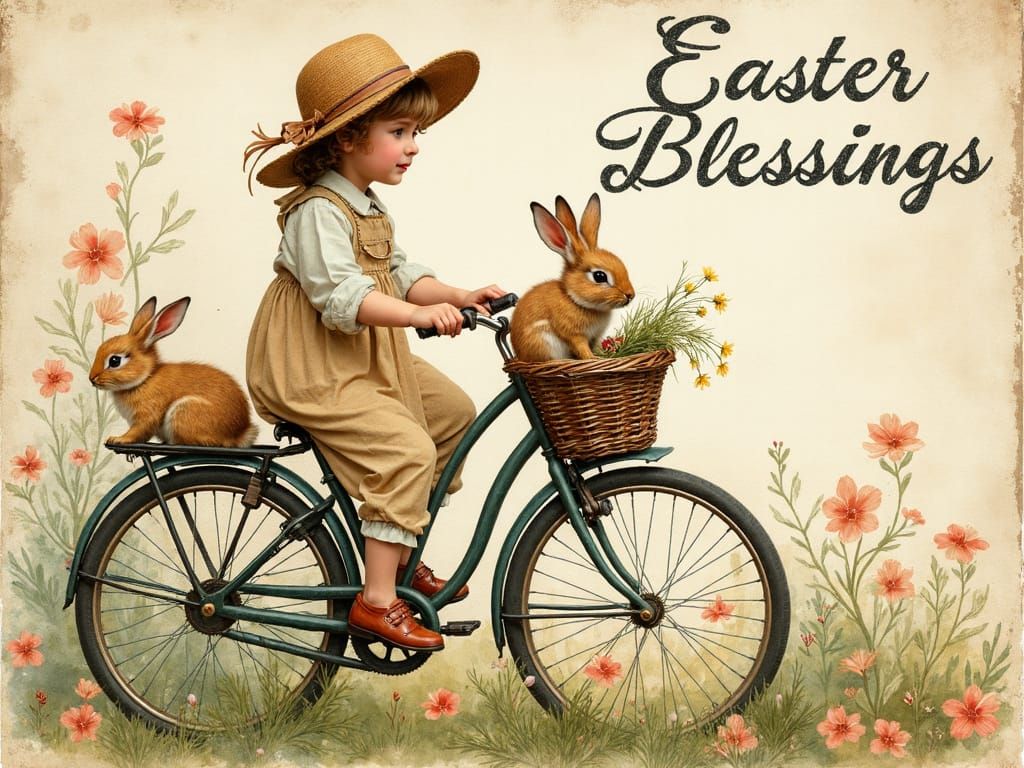 Vintage Easter Postcard with Watercolor Bicycle and Baby Bun...
