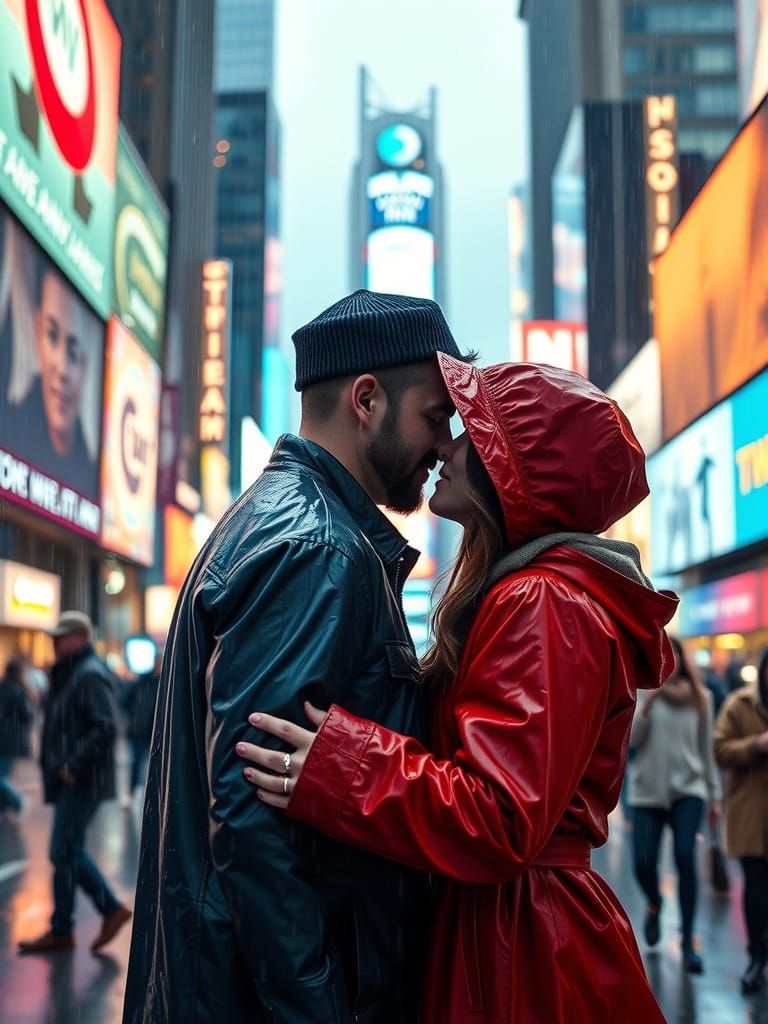 Times Square Embrace in Rainy Cyberpunk Style