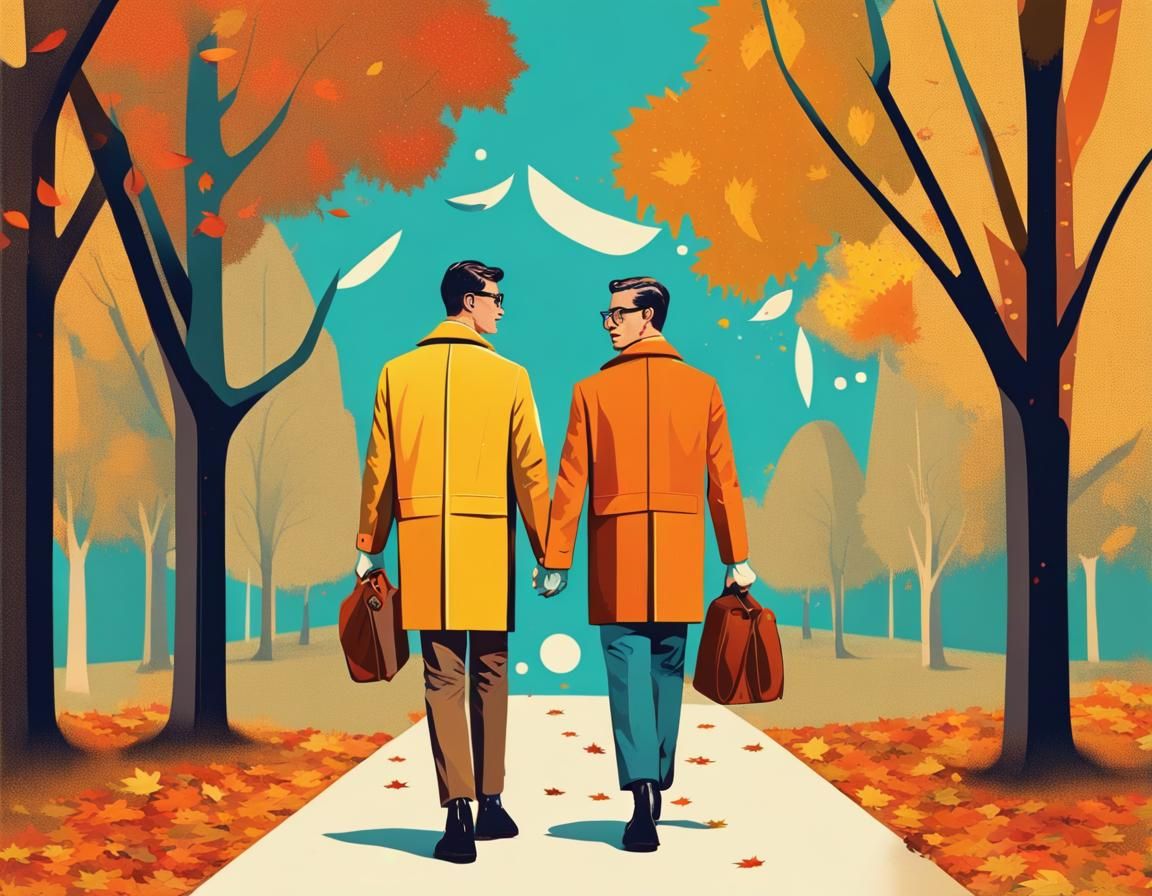 Gay Couple in Autumn Park: Mid-Century Cartoon Style