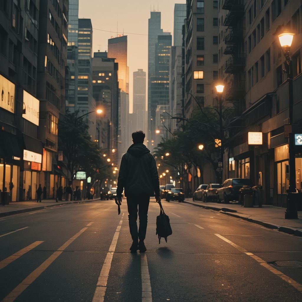 Exhausted Person Walks Home at Dusk in Film Noir Style