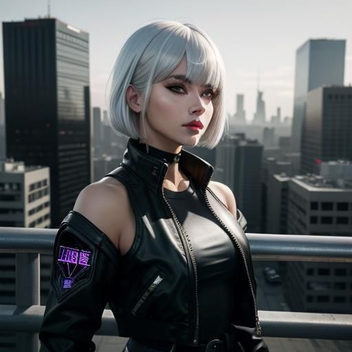 masterpiece, (photorealistic:1.4), best quality, beautiful lighting, lucy (cyberpunk), 1girl, white hair, against railin...