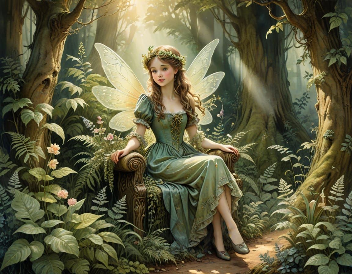 Enchanting Watercolor Fairy Queen in Whimsical Forest Settin...