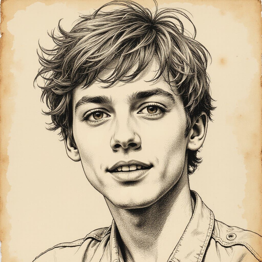Brave Young Man: Pen and Ink Sketch on Paper