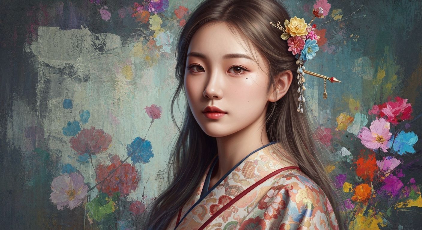 Ethereal Asian Woman in Kimono with Abstract Floral Elements