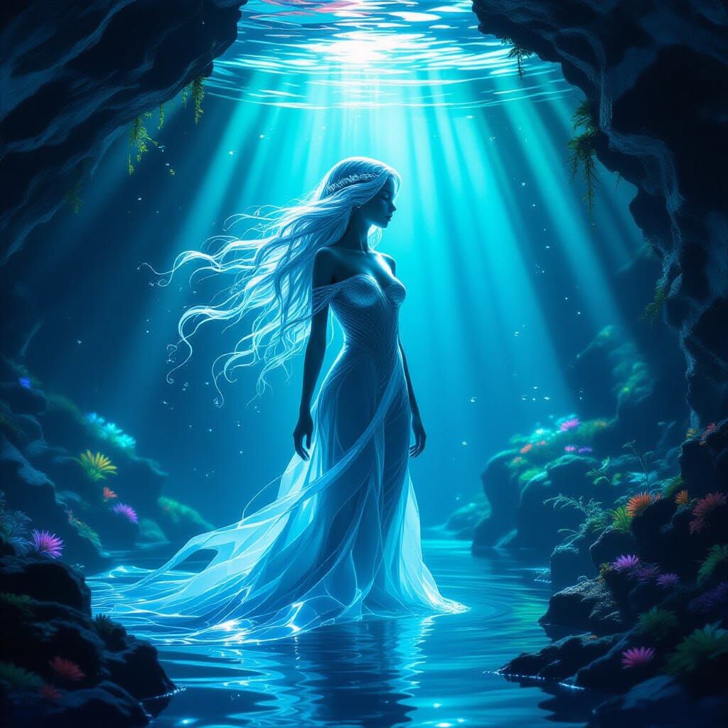 Girl Made of Flowing Water in Bioluminescent Cave