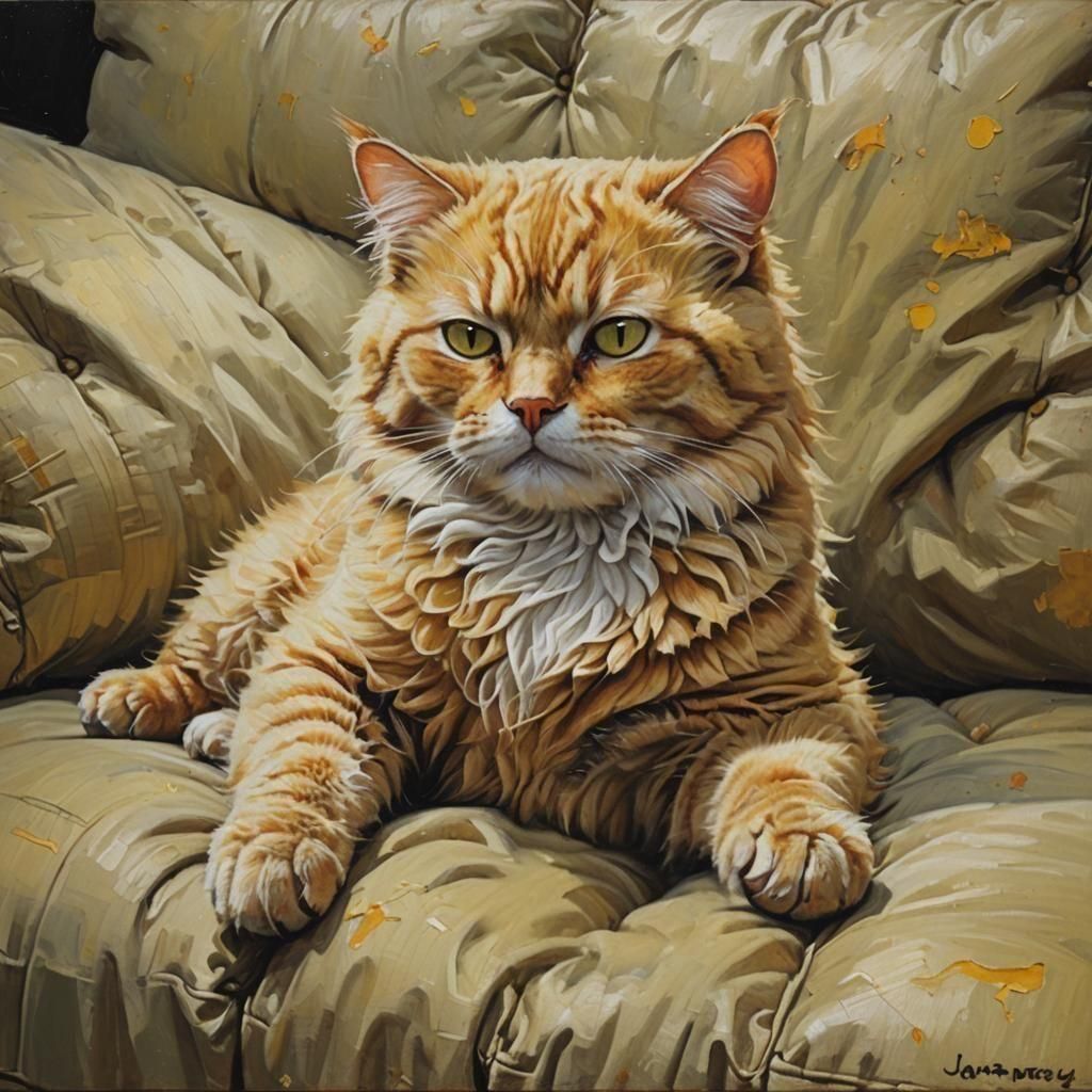 Sleeping Yellow Teddy Cat: Oil Painting