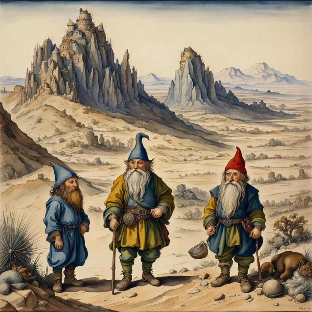 Dwarf, Gnome, and Elf in Desert Watercolor