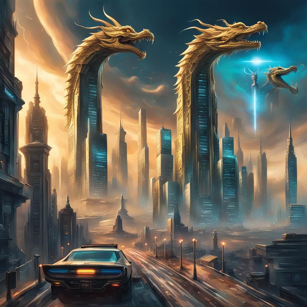 Cyberpunk City Sky Race with Dragons