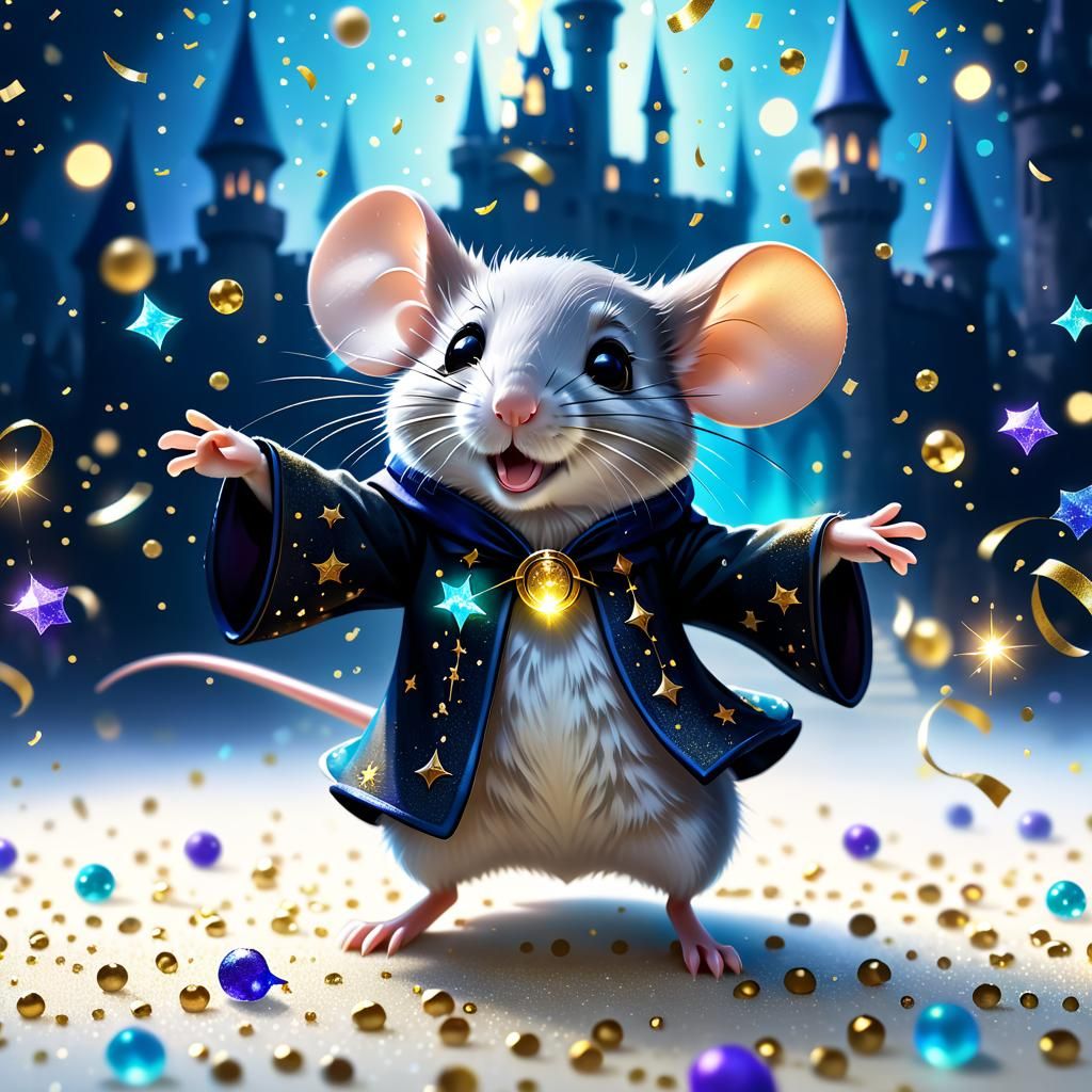 Mouse Wizard's Bioluminescent Celebration in Watercolor