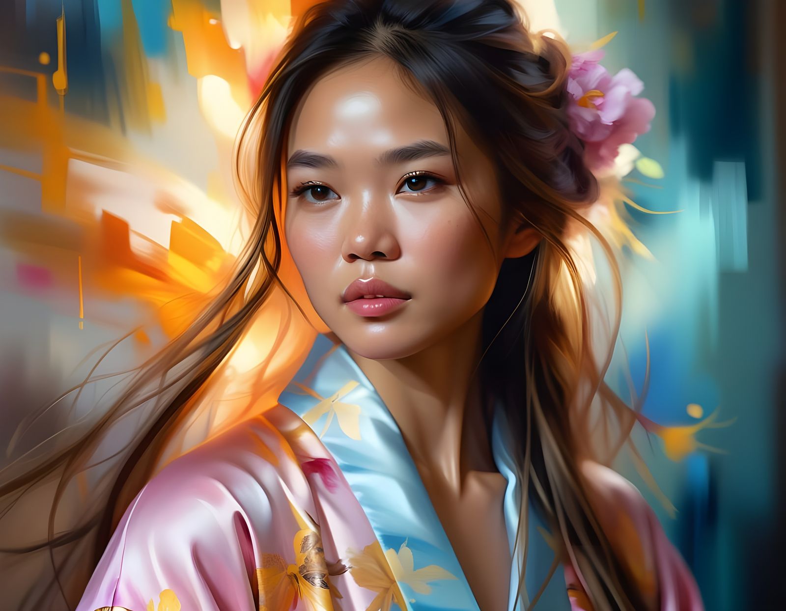 Filipino Woman in Silk Robe with Embarrassed Expression