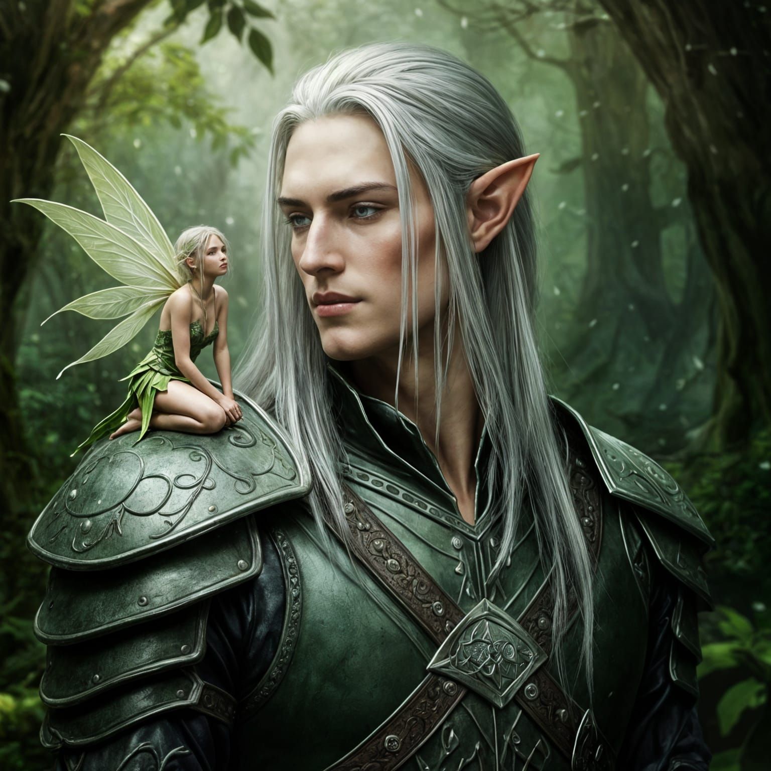 Handsome Elf with Tiny Fairy Companion in Vibrant Woodland