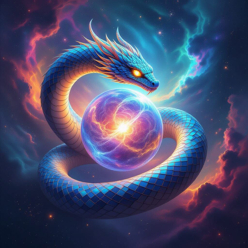 Cosmic Serpent Around Crystal Planet, Psychedelic Art Style