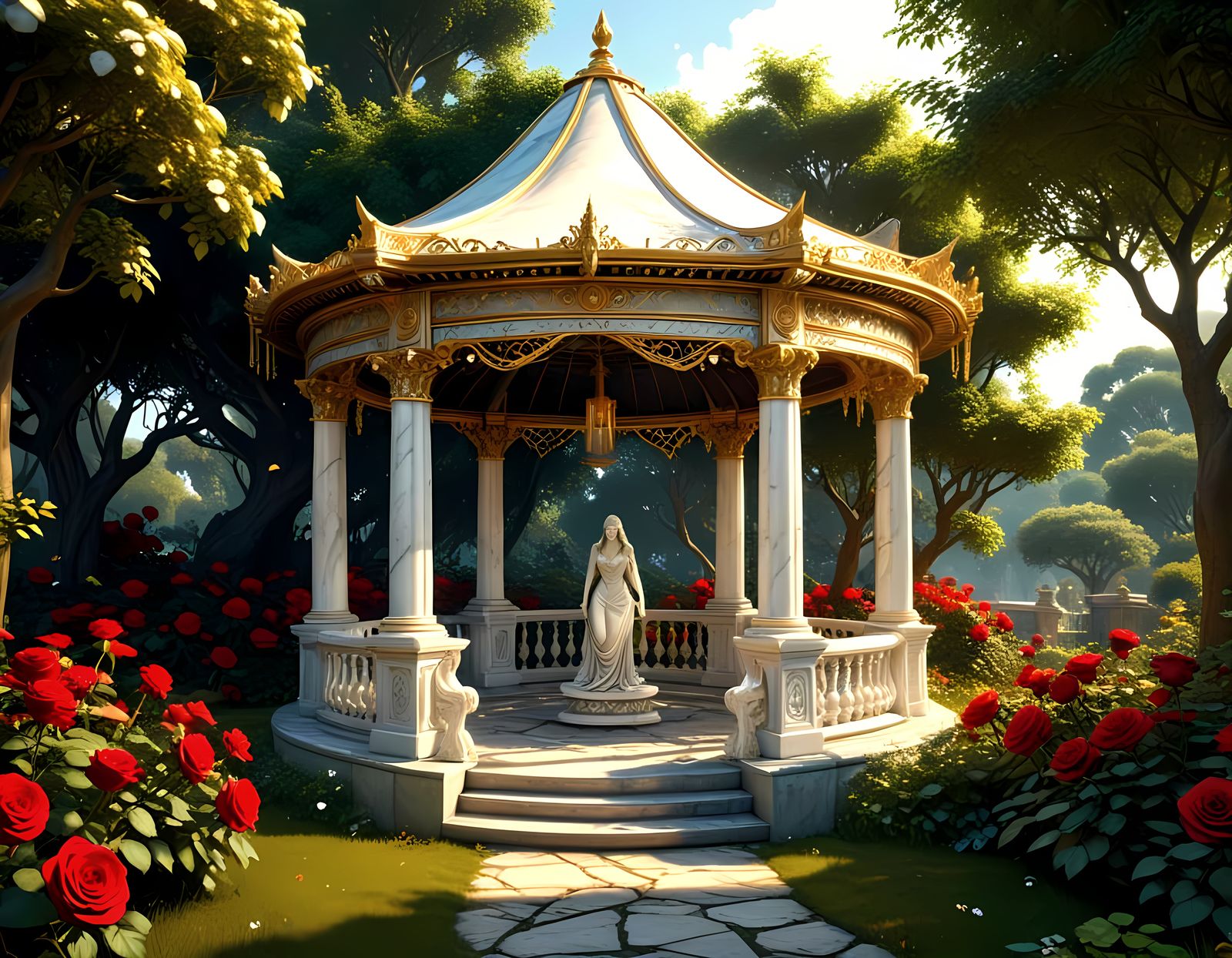 Ancient Marble Lovers' Gazebo in Surreal Fantasy Garden