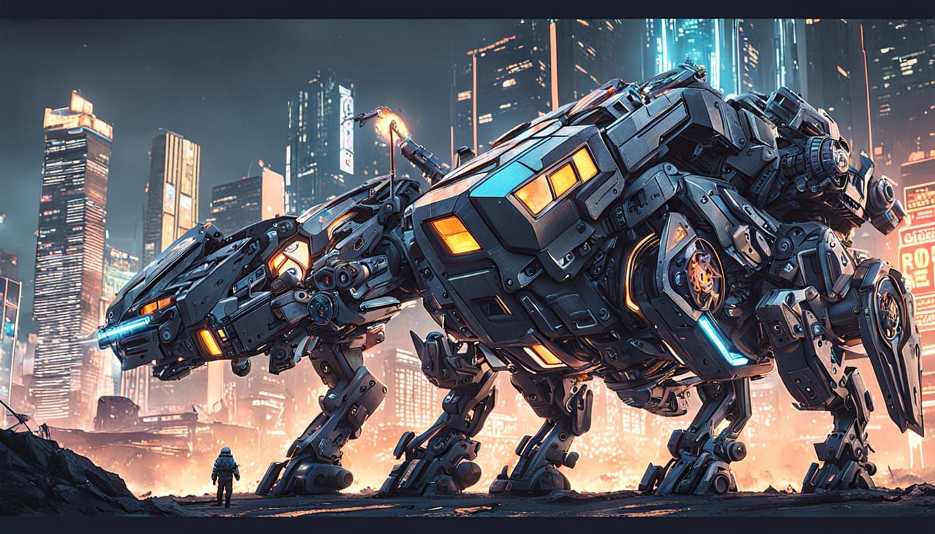 Cyberpunk Mecha Titan Dominates Futuristic Cityscape