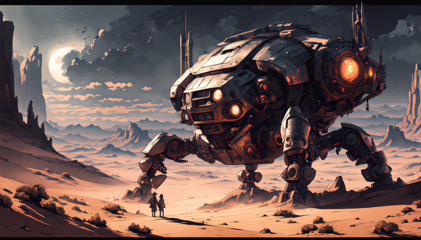 Vibrant Mecha Exosuit Dominates Sci-Fi Desert Landscape