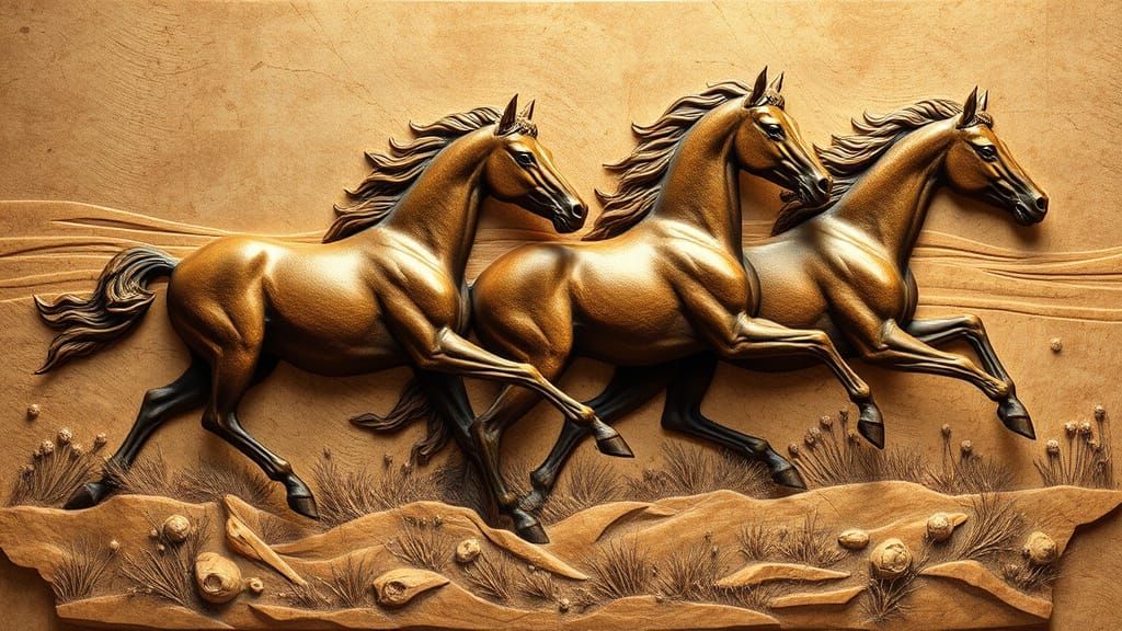 Wild Horses in Stalatiti Bronze Bas-Relief