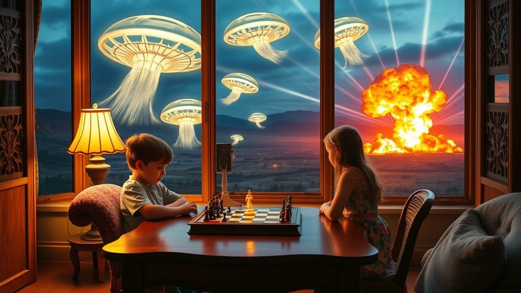 Cozy Family Chess Night Under Celestial Jellyfish Invasion